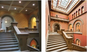 During WWII, the skylights in the NYS Capitol were painted black for safety reasons. These areas were eventually converted to office space. During a major roof renovation in the 2010 timeframe this skylight & laylight were revealed and brought back to their grandeur and flooding the stairway with natural light. 